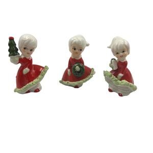 Vintage Enesco Christmas Holiday Bloomer Girls Set Wreath Tree Spaghetti Trim 3